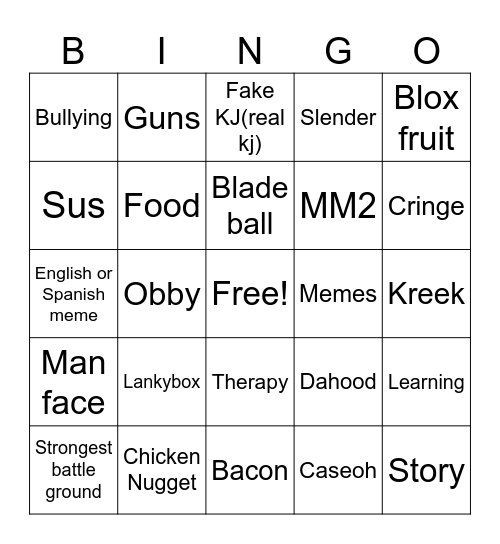 YouTube shorts roblox Bingo Card