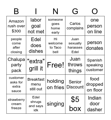 Taco Bell Bingo Saturday Bingo Card