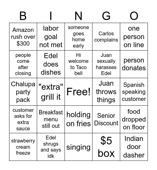 Taco Bell Bingo Saturday Bingo Card