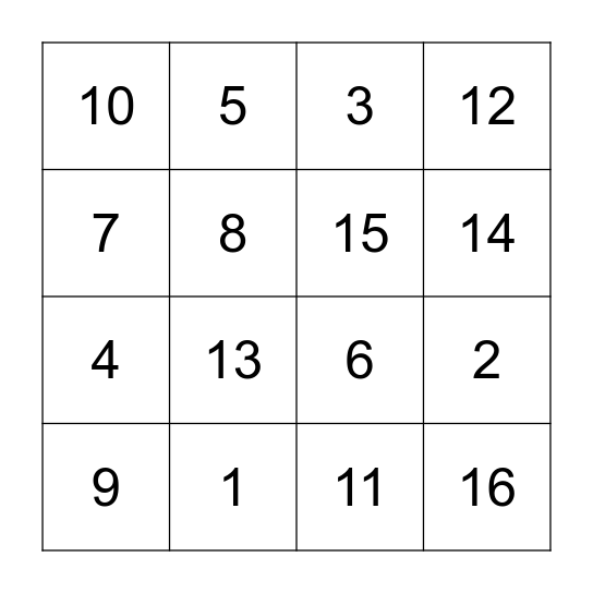 Number Bingo Card