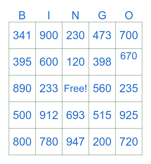 Numeros 100-1,000 Bingo Card