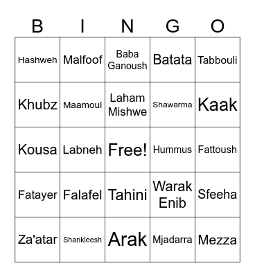 Arabic Food Bingo Card