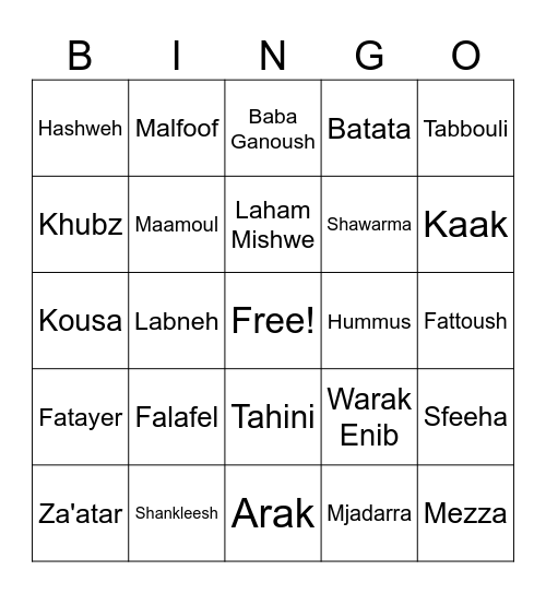 Arabic Food Bingo Card