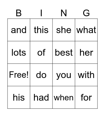 Heart Words Bingo Card