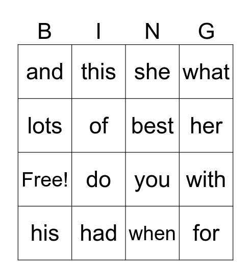 Heart Words Bingo Card