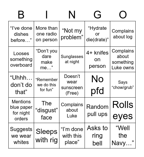 Cam Martin Bingo Card