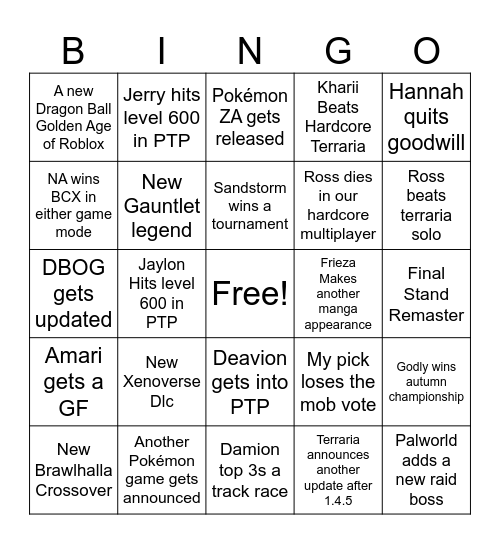 2024-2025 Predictions Bingo Card