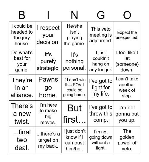 Big Brother Bingo Card