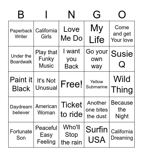 60's-70's Bingo Card