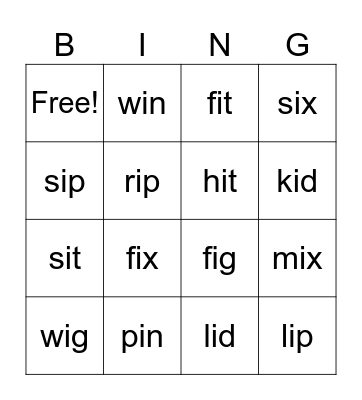 short vowel i Bingo Card