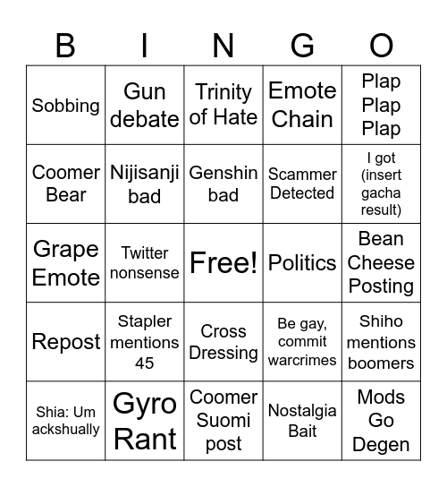 GFL OFFTOPIC Bingo Card