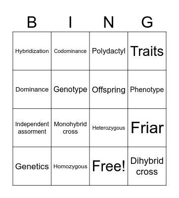 Genetics Vocabulary Bingo Card