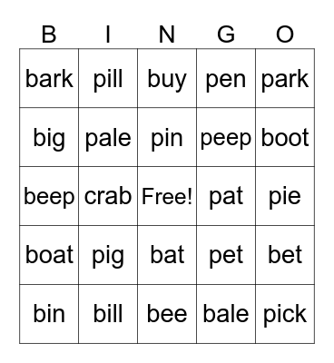p & b Bingo Card