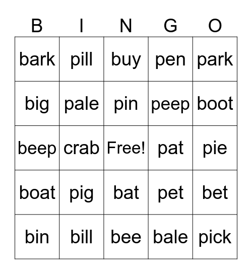 p & b Bingo Card