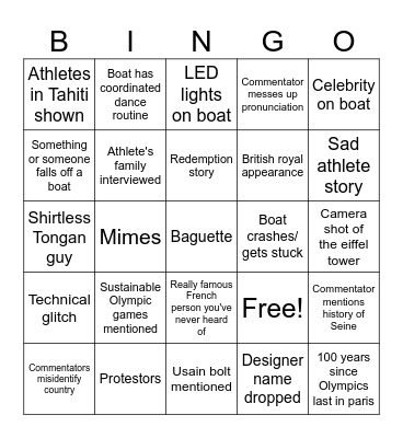 Opening ceremony Bingo Card