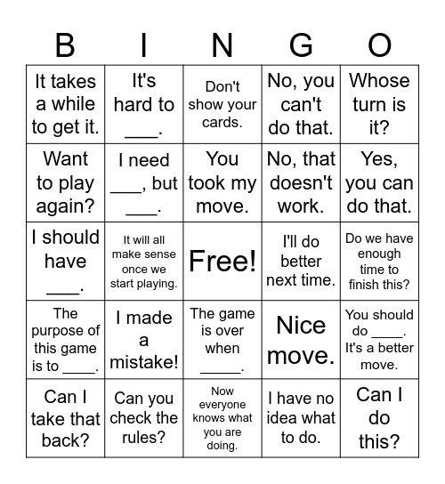 Boardgame Phrases Bingo Card