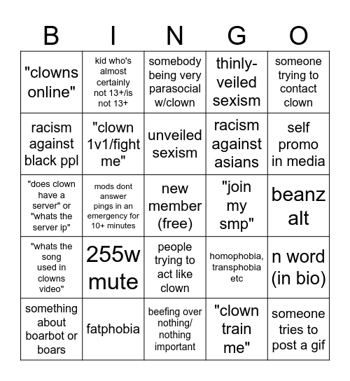 clowncord bingo Card