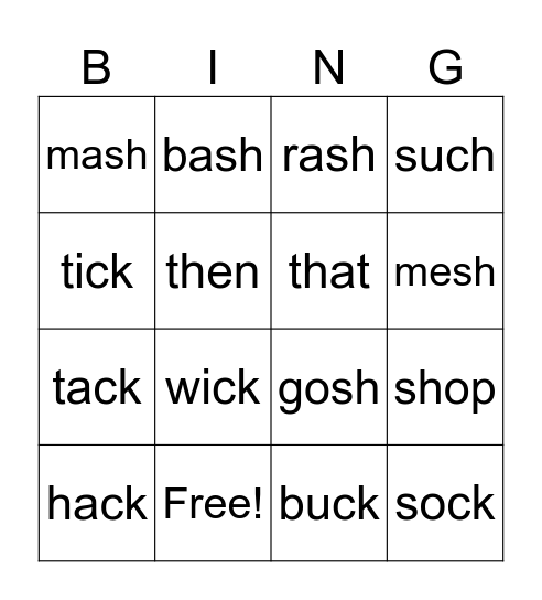 CH, CK, SH, TH words Bingo Card