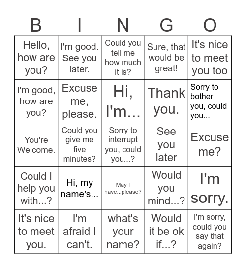 Beginning Conversation Bingo Card