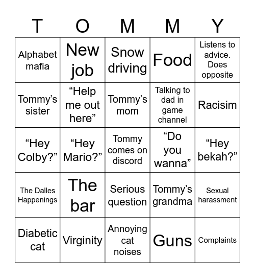 Chef Tommy Bingo Card