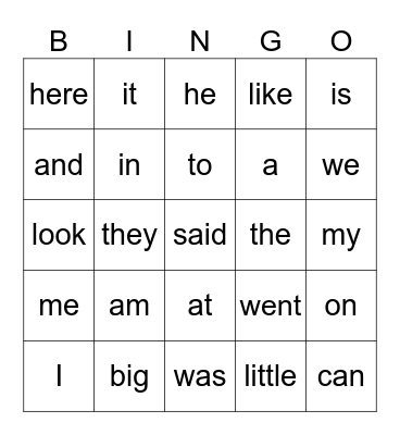 Sight Words Bingo Card