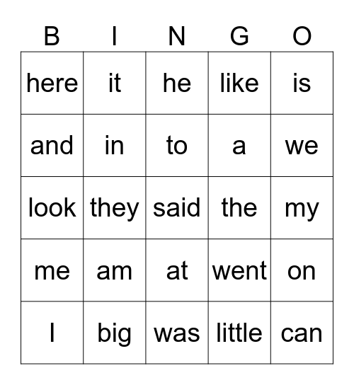 Sight Words Bingo Card