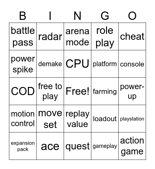 Gaming Vocabulary Bingo Card