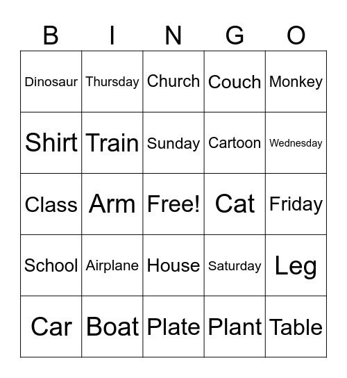 English Class Bingo Card