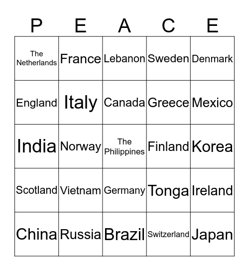 Peace Garden's Bingo Card