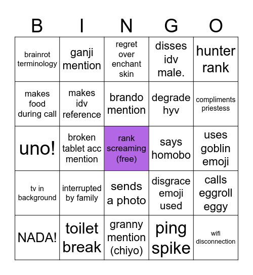 Amber Bingo Card