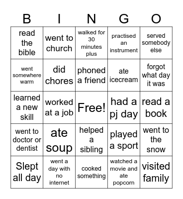 Winter holiday Bingo Card