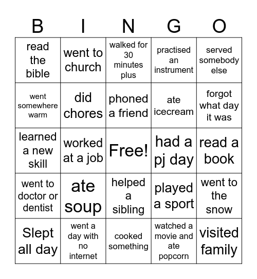 Winter holiday Bingo Card