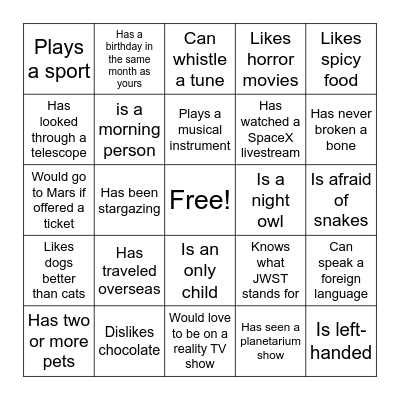 Get To Know You Bingo Card
