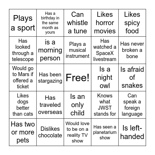 Get To Know You Bingo Card