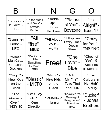 Boy Band Music Bingo Round #1 Bingo Card