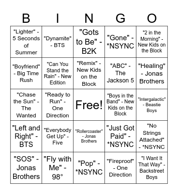 Boy Band Music Bingo Round #2 Bingo Card