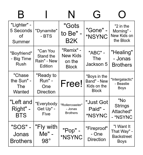 Boy Band Music Bingo Round #2 Bingo Card