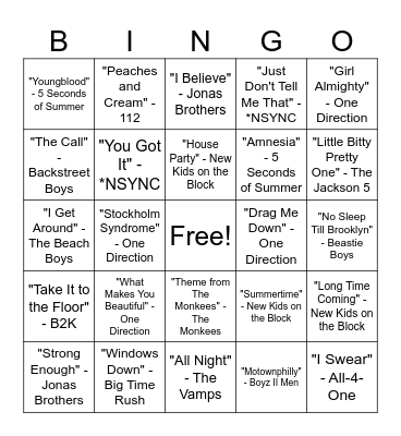 Boy Band Music Bingo Round #4 Bingo Card