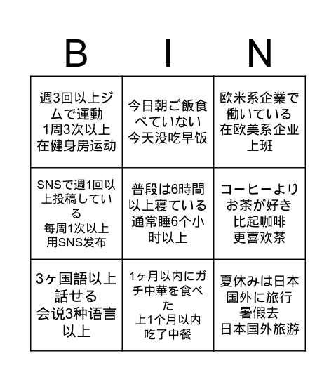 自我介绍BINGO Card