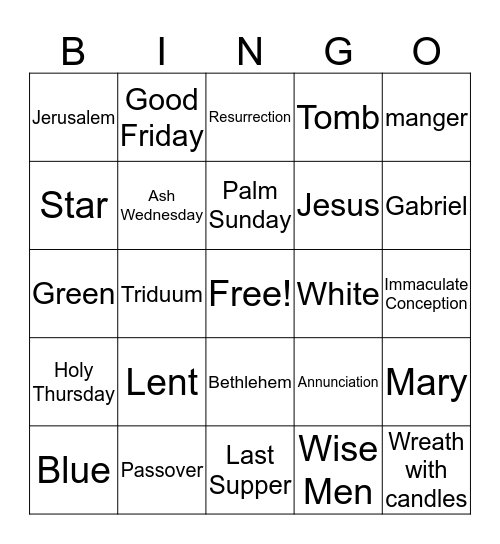 Church Holidays Bingo Card