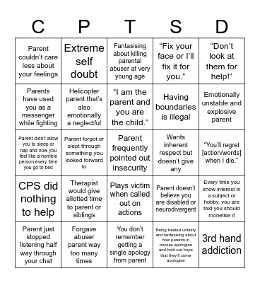 Hyperspecific Trauma Bingo Card