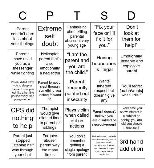 Hyperspecific Trauma Bingo Card