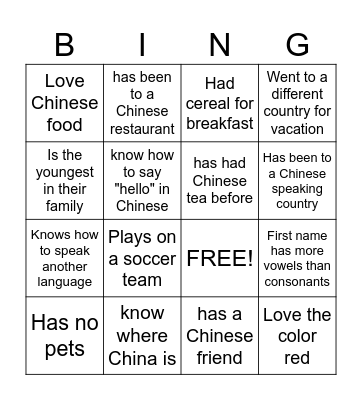 Get to know you Bingo Card