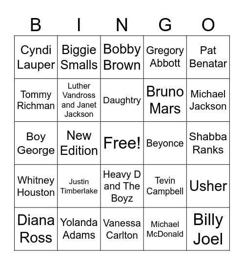 Mixed Music Bingo Card