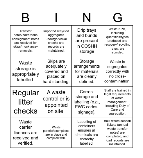 waste management Bingo Card