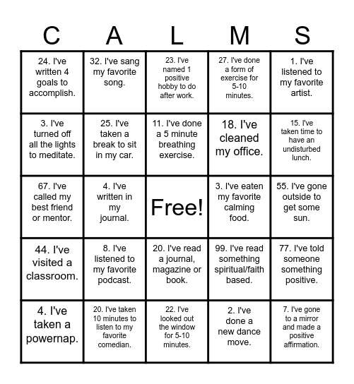 "STRESS RELIEF" Bingo Card