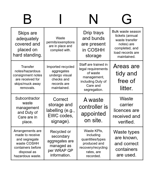 waste management Bingo Card