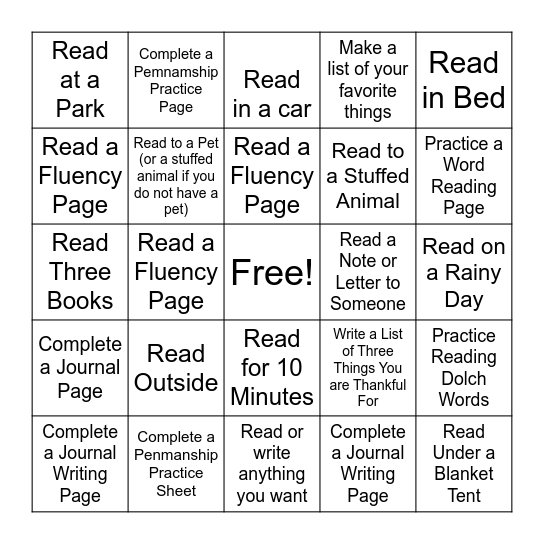 Summer Reading Bingo Card