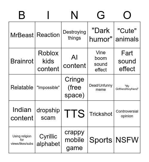 Youtube Shorts "content" Bingo! Bingo Card