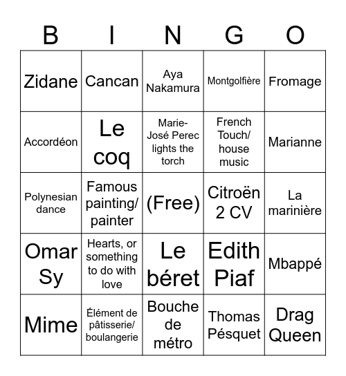 Paris 2024 cérémonie d'ouverture Bingo Card